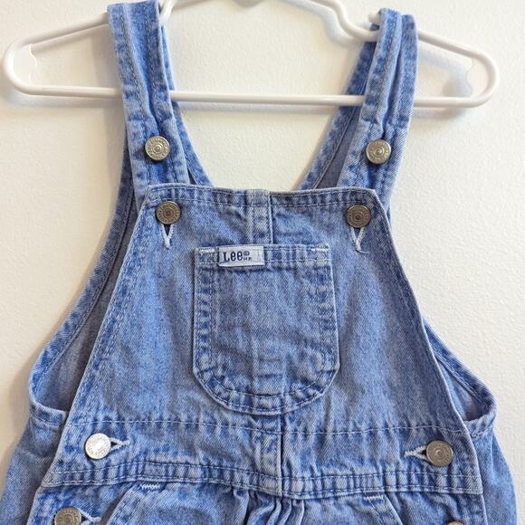 Vtg Lee Overalls Baby Girls Sz 18m 90s Blue Denim Classic Staple Light Wash - Picture 2 of 6